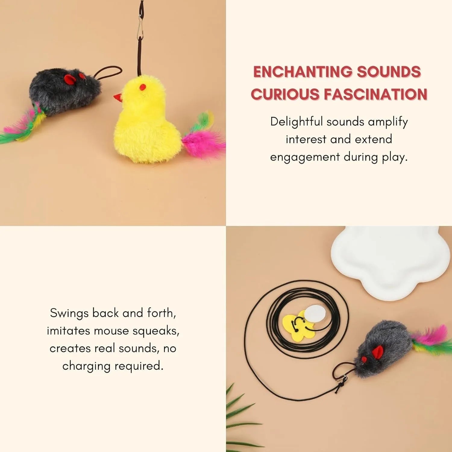 Retractable cat teaser toy hanging on door frame with dangling mouse toy and treat reward bulb