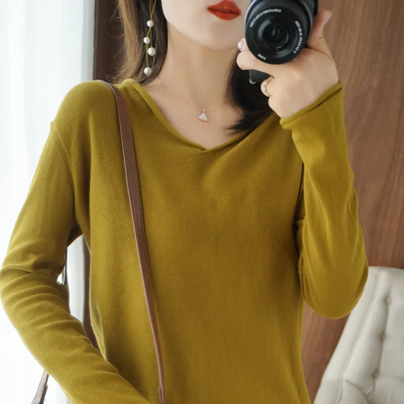Women's V-neck knitwear pullover top in macaron colours with long sleeves