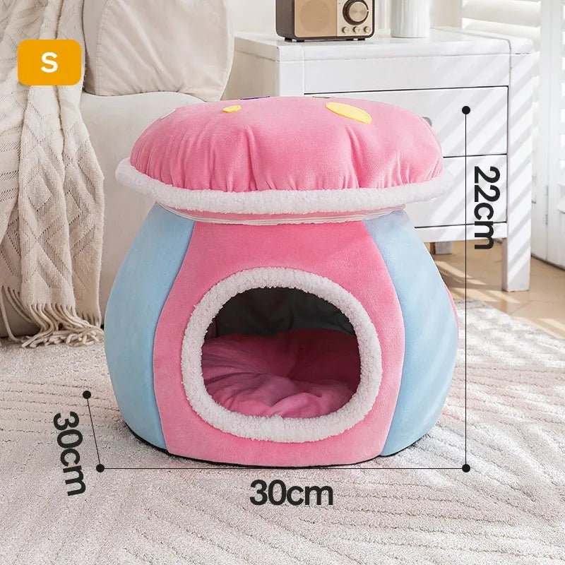 Mushroom-shaped plush cat bed in grey, pink, or purple colours with thermal construction
