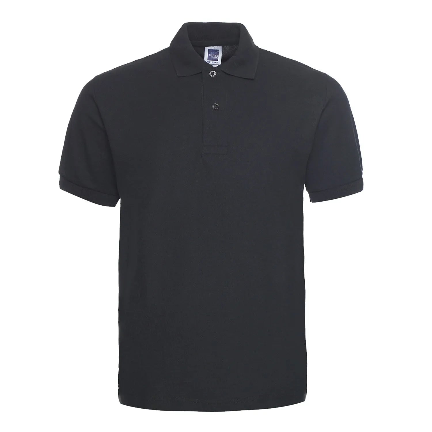 Plus size man wearing a solid black lapel polo shirt with short sleeves, loose fit.