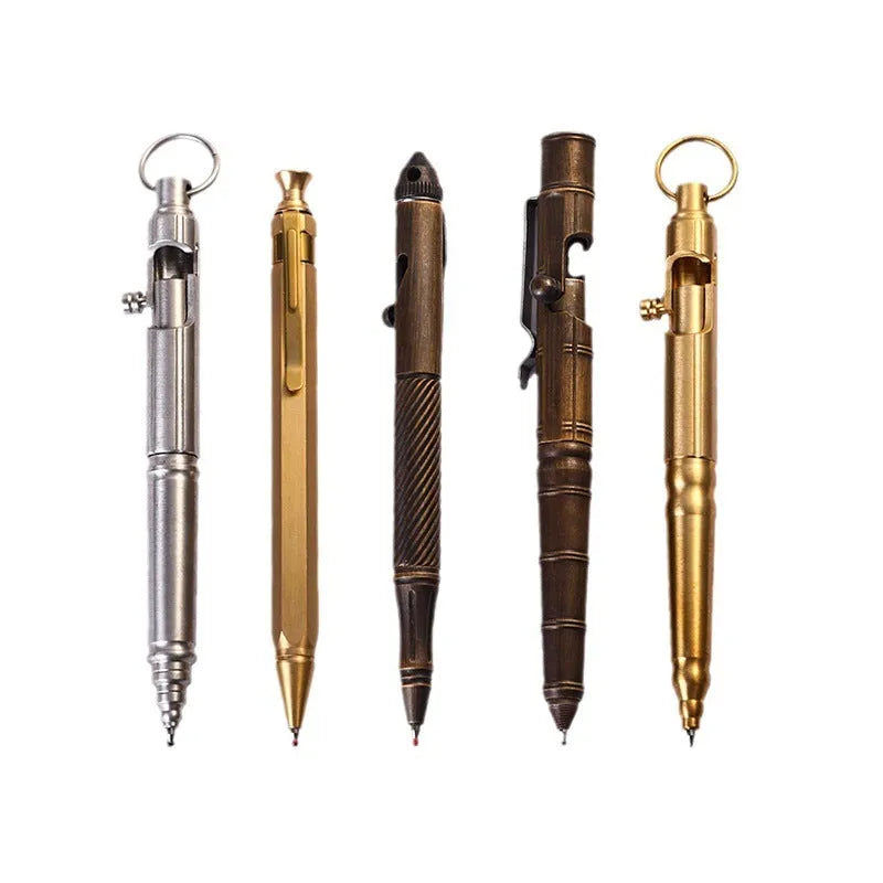 Retro brass tactical press pen with machine gun styling and solid brass construction