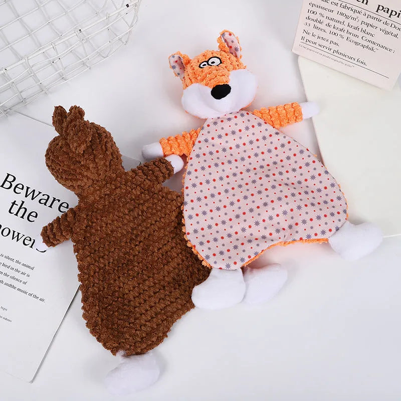 Brown velvet fox elephant plush dog toy with sound element for chewing and boredom relief.