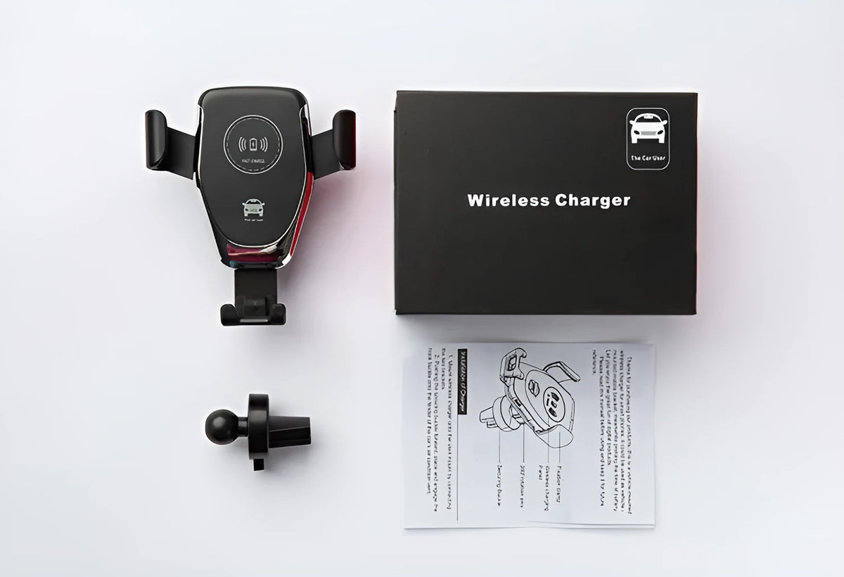 Black car wireless charger mount holding iPhone with automatic clamping arms visible