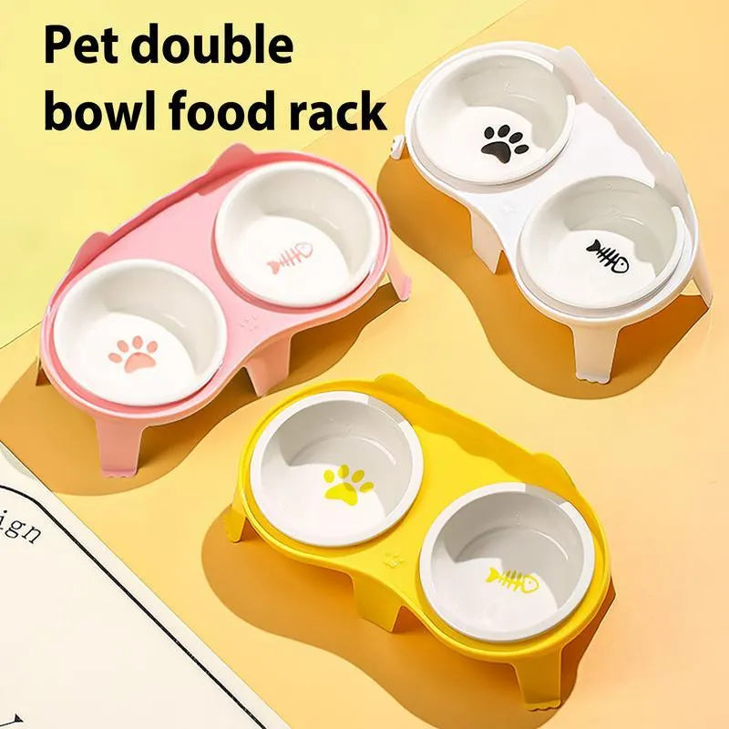 Ceramic cat bowl set on ABS stand with hook, in blue, pink, white or yellow