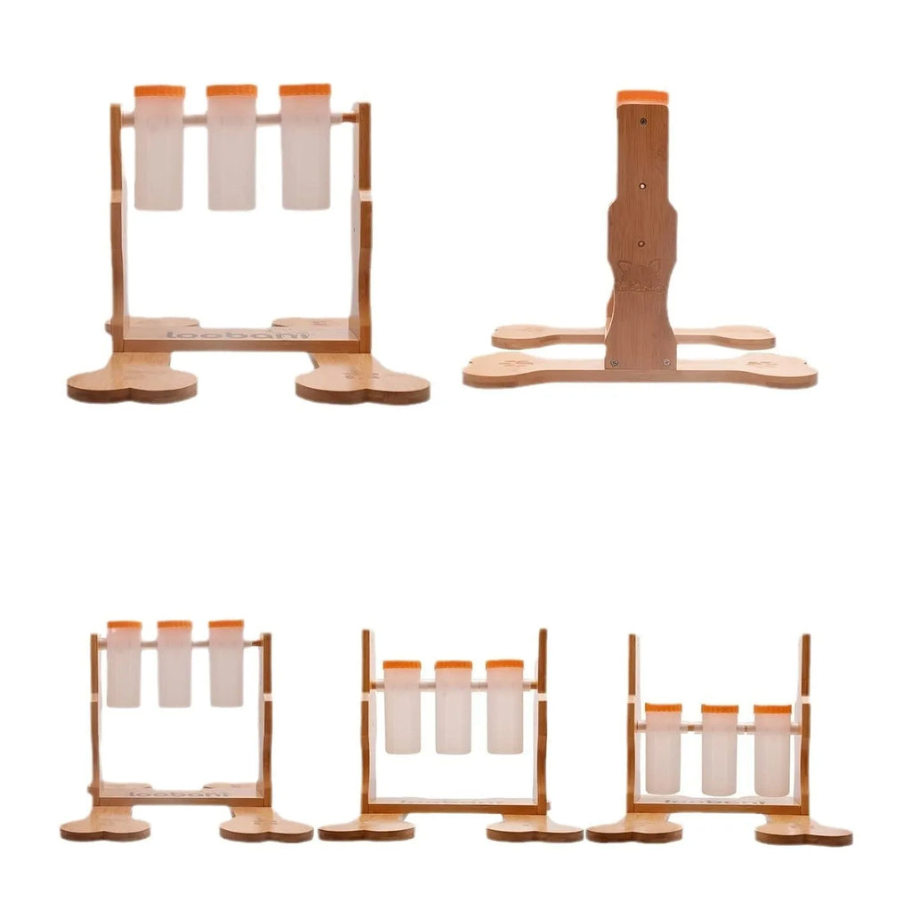 Wooden dog puzzle toy with sliding doors measuring 31x30x20cm for treat dispensing and mental stimulation