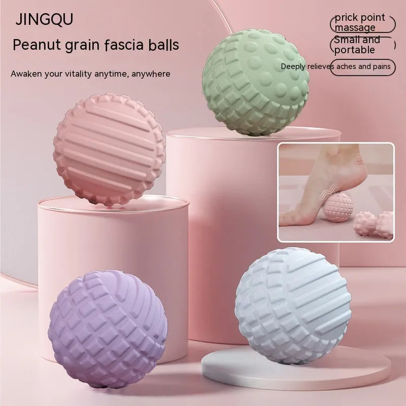 TPR foot massage ball in pink, blue, green, and purple colours with 6cm spherical and peanut shapes