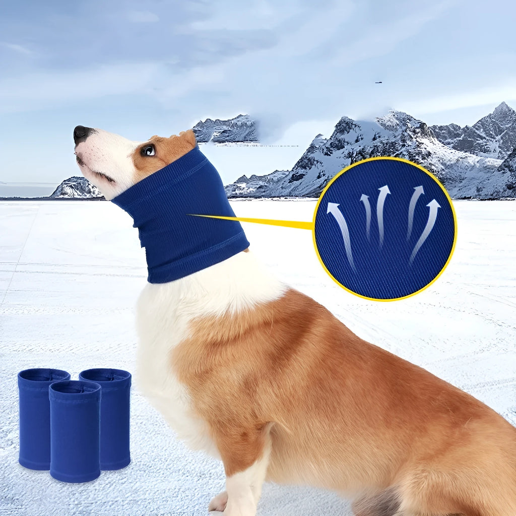 Blue and grey polyester dog headband scarf shown in small, medium, and large sizes
