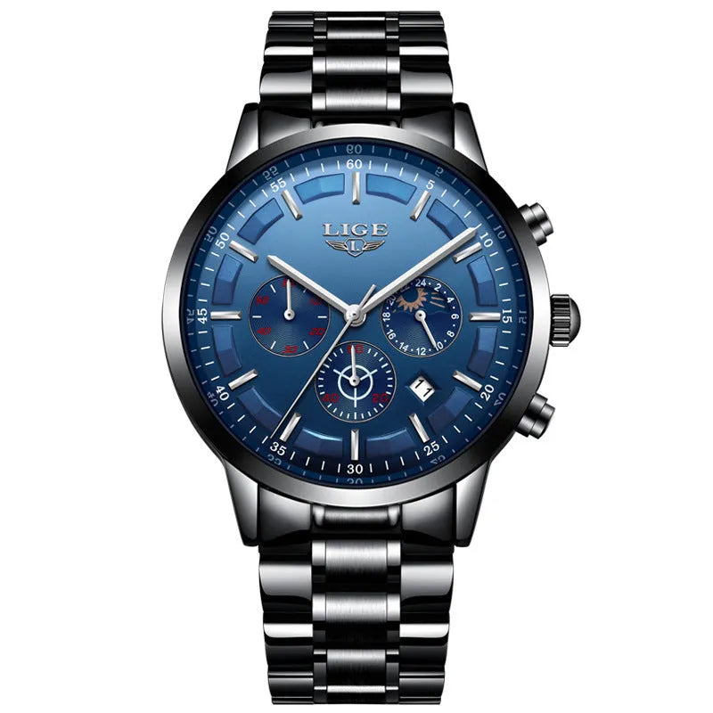 Men's waterproof quartz sports watch in black and rose red gold colour on wrist