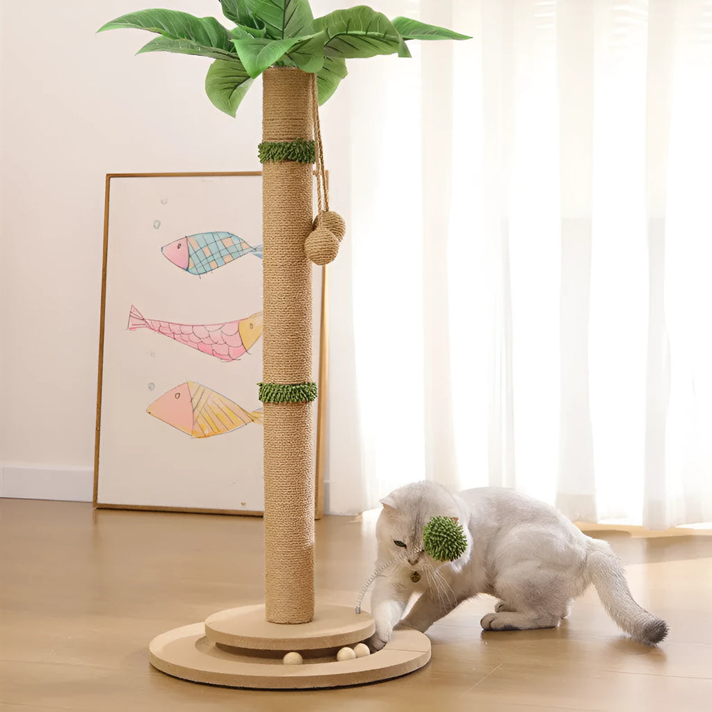 Vertical cat climbing frame with hemp rope posts and a density board platform in a canna colour.