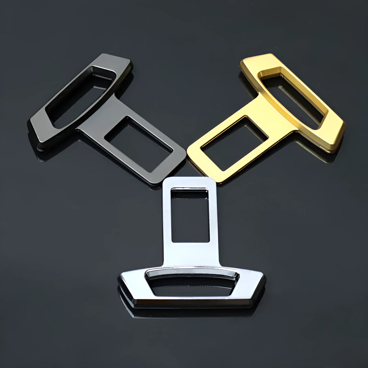 Metal car silencer insert shown in Matte Black, Gold, and Silver colour options.