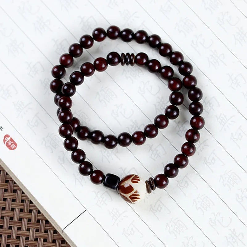 Natural rosewood double-ring bracelet with knitting construction and flower pattern elements
