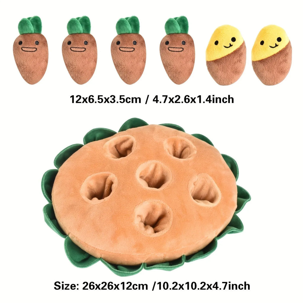 Yellow interactive dog puzzle toy with removable squeaky plush toys and slow feeder mat