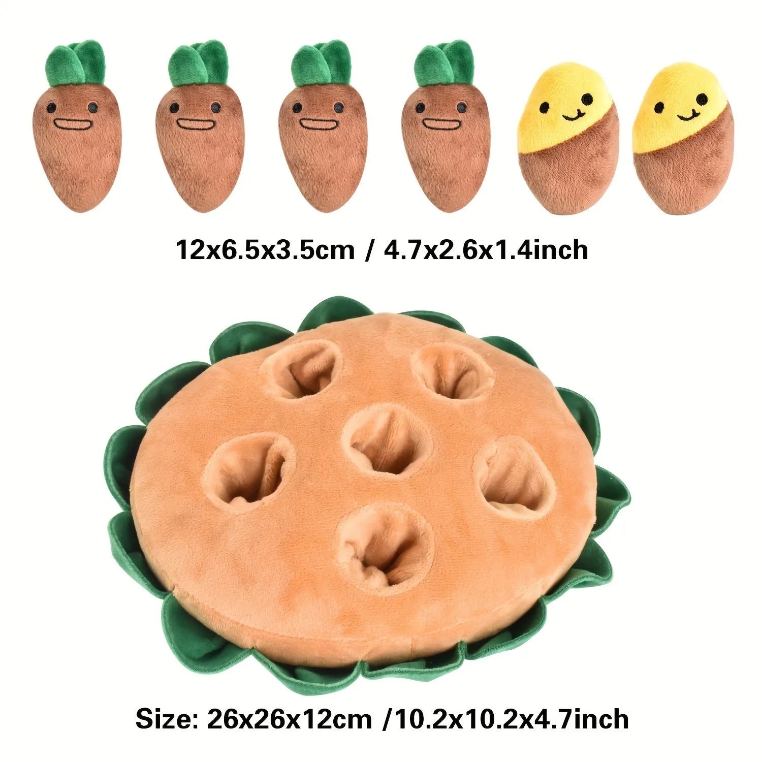 Yellow interactive dog puzzle toy with removable squeaky plush toys and slow feeder mat