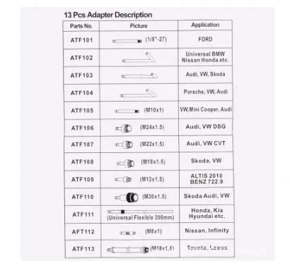 13-piece automatic transmission oil refuelling kit with pumping tool and multiple connectors