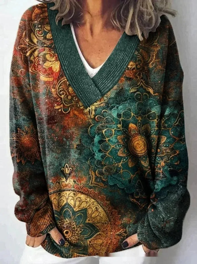 Women's V-neck sweatshirt with 3D floral pattern in art retro style