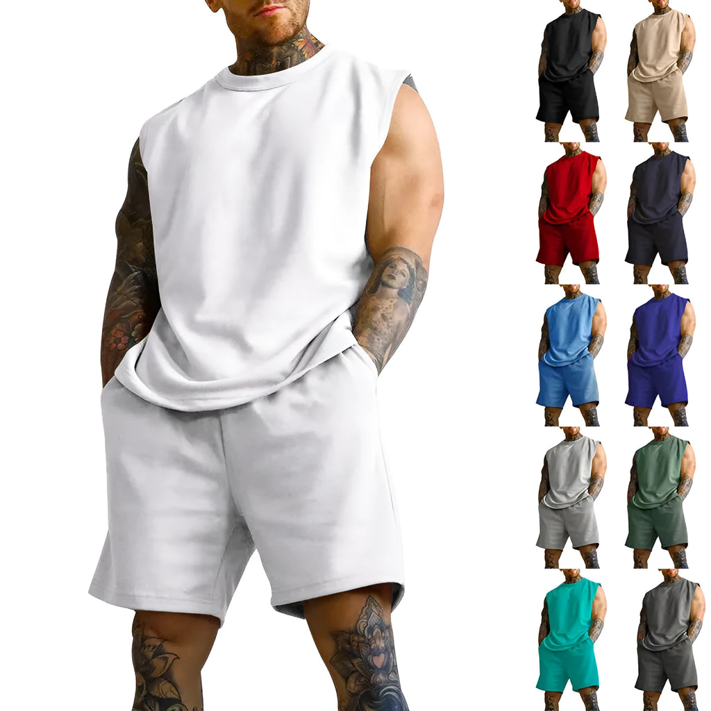 Men's sleeveless cotton-blend sports top and shorts set in a solid colour