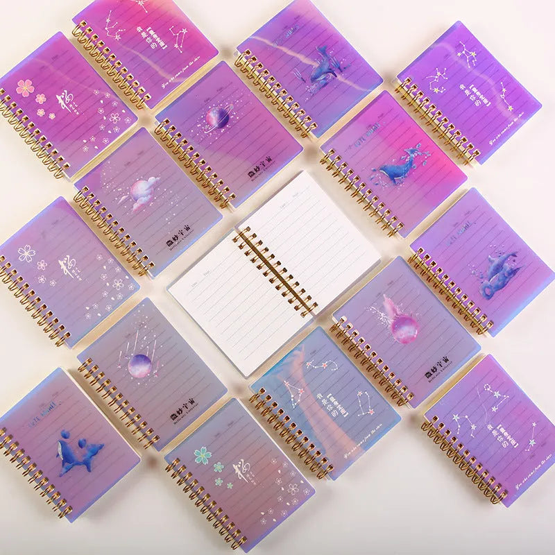 Four A7 spiral-bound pocket notebooks showing different PP cover designs: Constellation, Sakura, Universe, and Ocean.