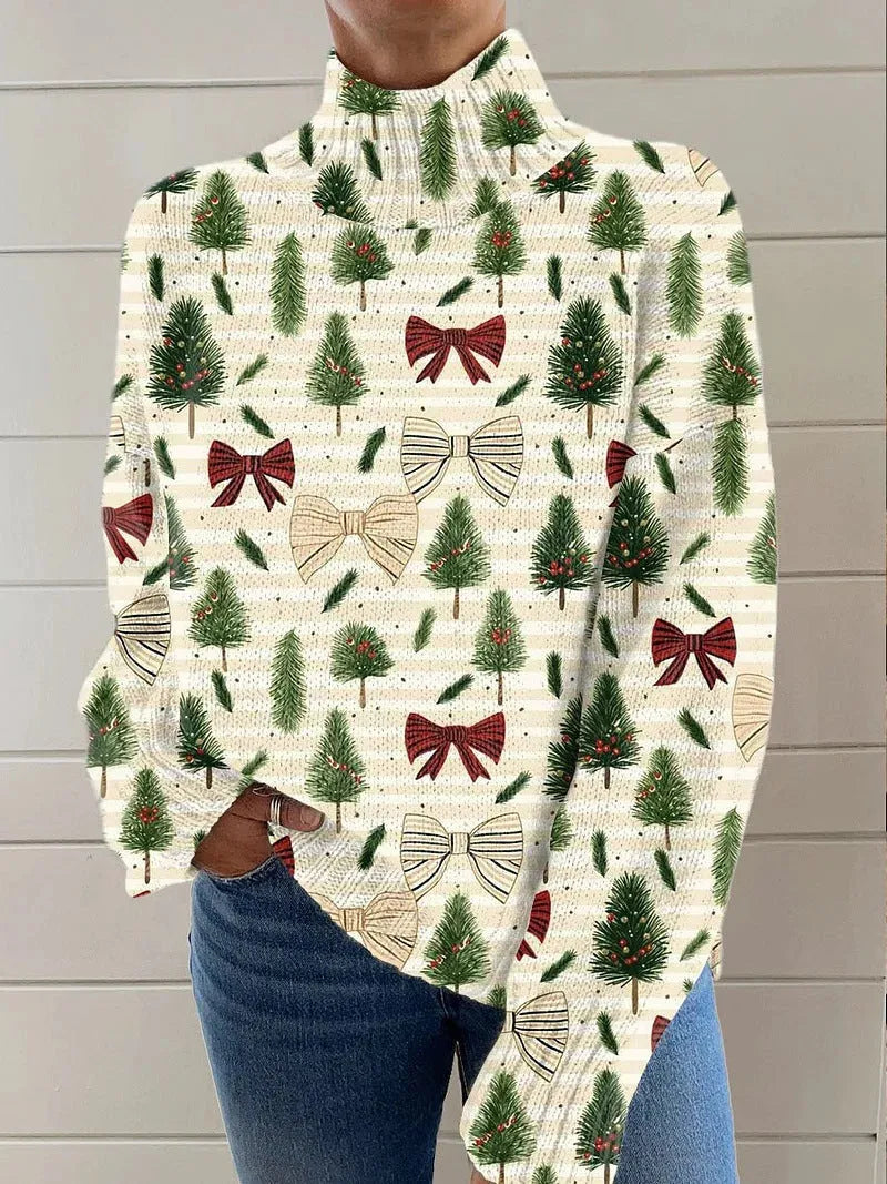 Women's Christmas printed turtleneck sweater in polyester with loose fit and long sleeves