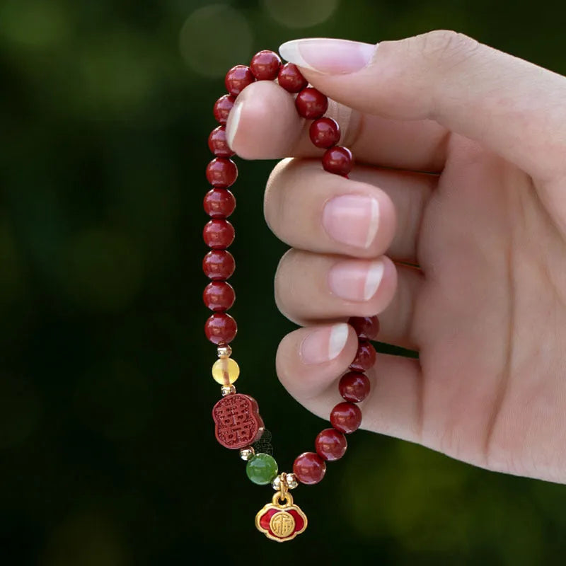 Cinnabar fu character bracelet with emperor sandstone beads in new Chinese style jewellery