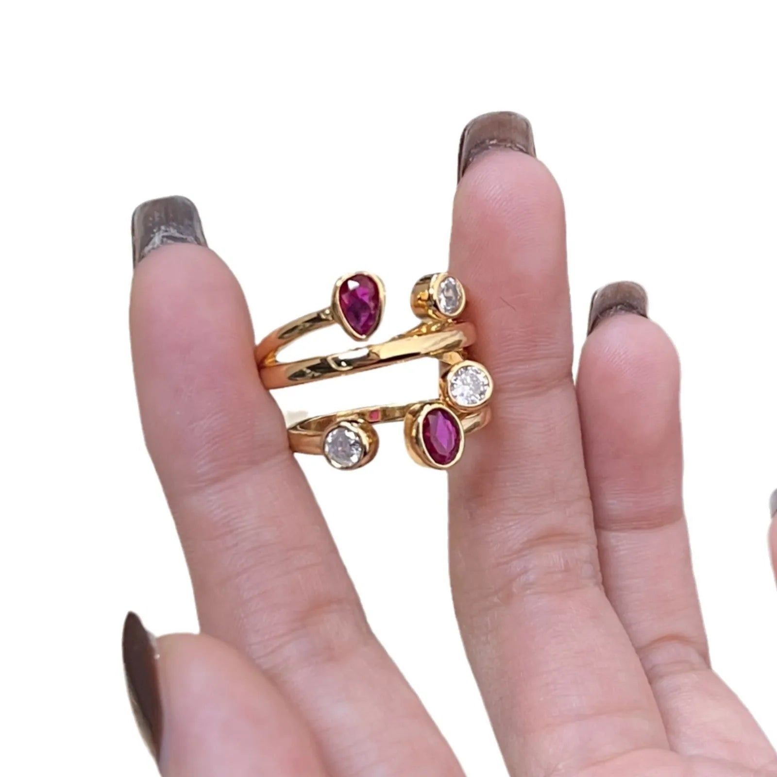 Geometric irregular cross diamond ring in two-tone colours with double-headed design