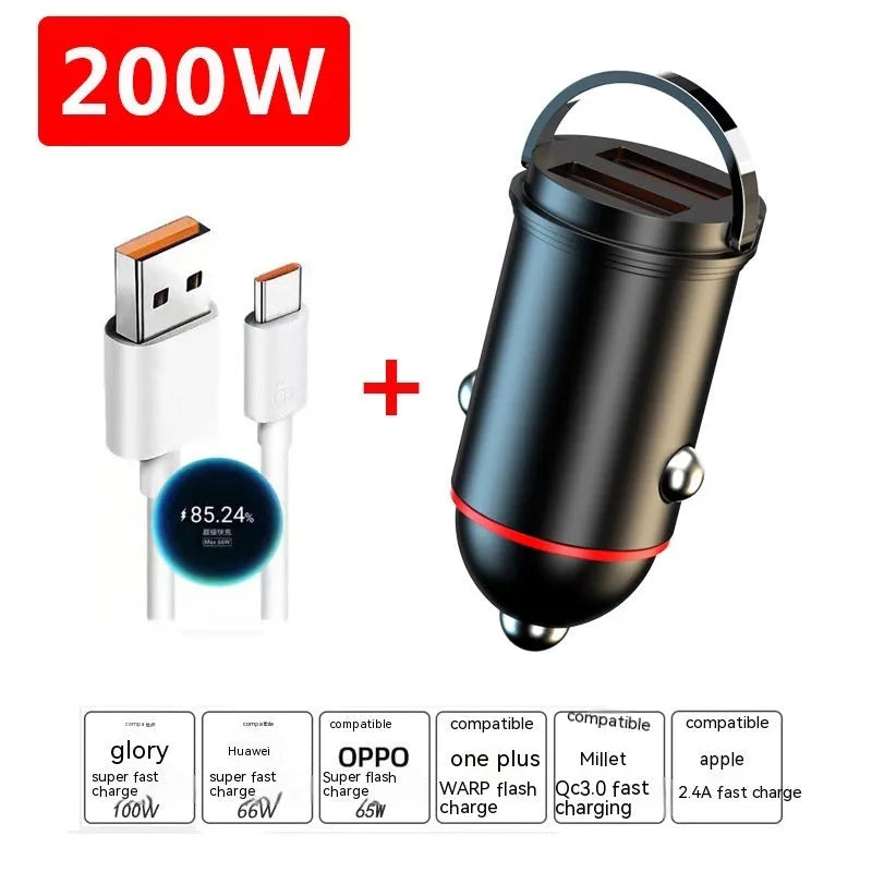 Black 200W Super Fast Car Charger with zinc alloy body and USB port
