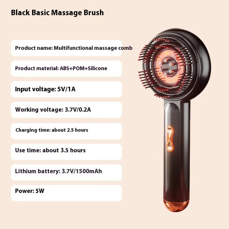 Black or red plastic light therapy massage hair comb with Type-C charging port