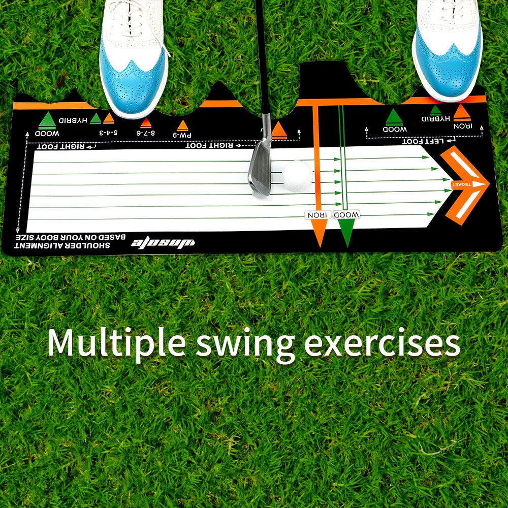 Black neoprene golf swing posture aid mat on grass, showing its compact size and alignment markings.