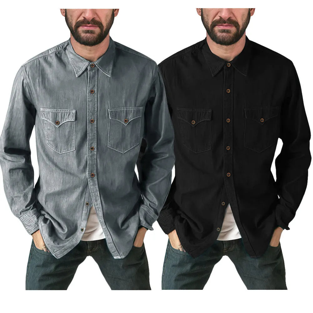 Men's denim cardigan coat in khaki, black, blue, or grey showing cardigan style and regular fit