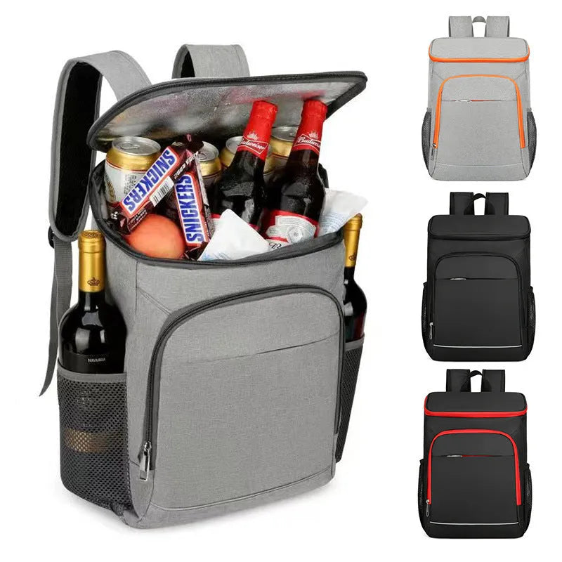 Outdoor thermal picnic backpack with curved shoulder straps in Oxford cloth construction.