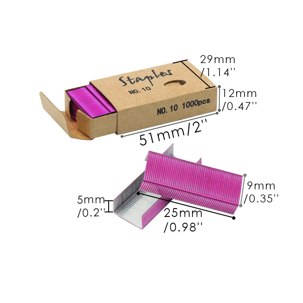 A box of 1000 metal office staples available in black, purple, rose gold, and rose red colours.
