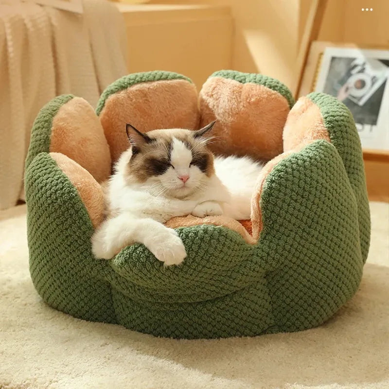 Green cactus petal shape pet kennel bed with soft plush material and non-slip bottom