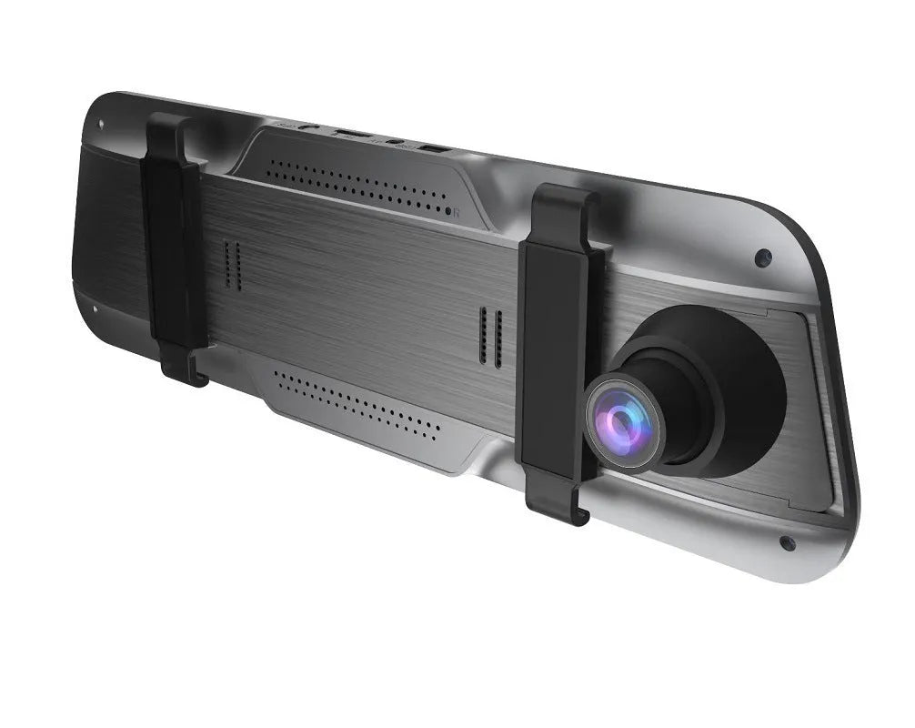 Black rearview mirror dash cam with 10-inch touchscreen display showing road footage.