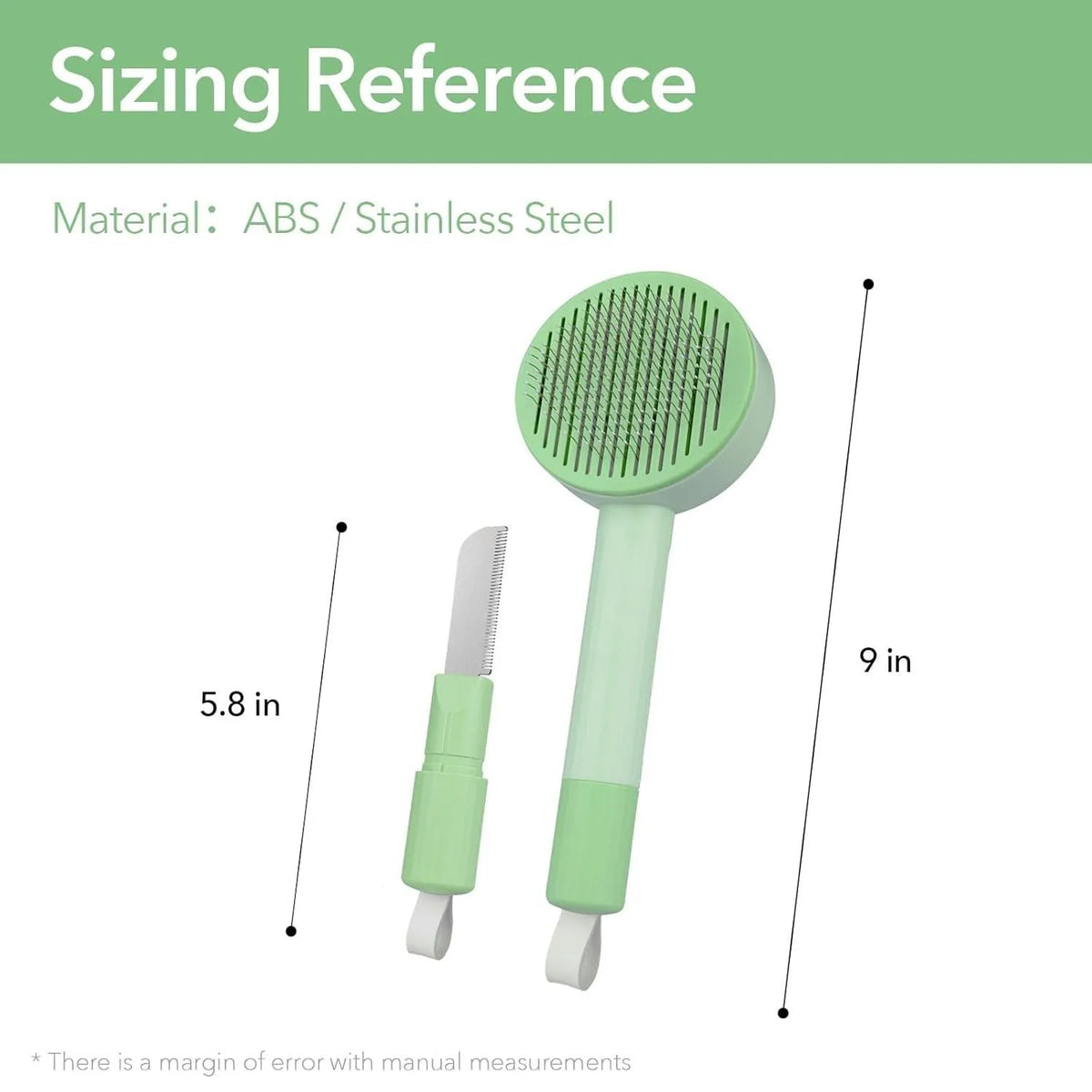 Green and yellow 2-in-1 pet grooming brush with stainless steel teeth for deshedding cats and dogs