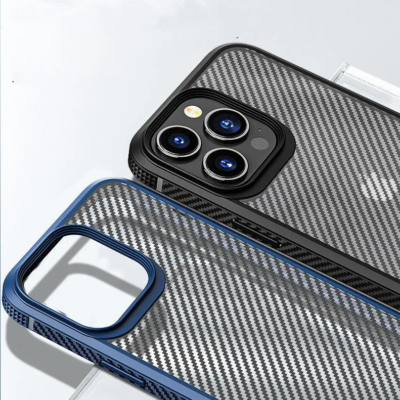 Black and Blue anti-fall protective phone case for Apple iPhone 13 models with carbon fibre pattern.