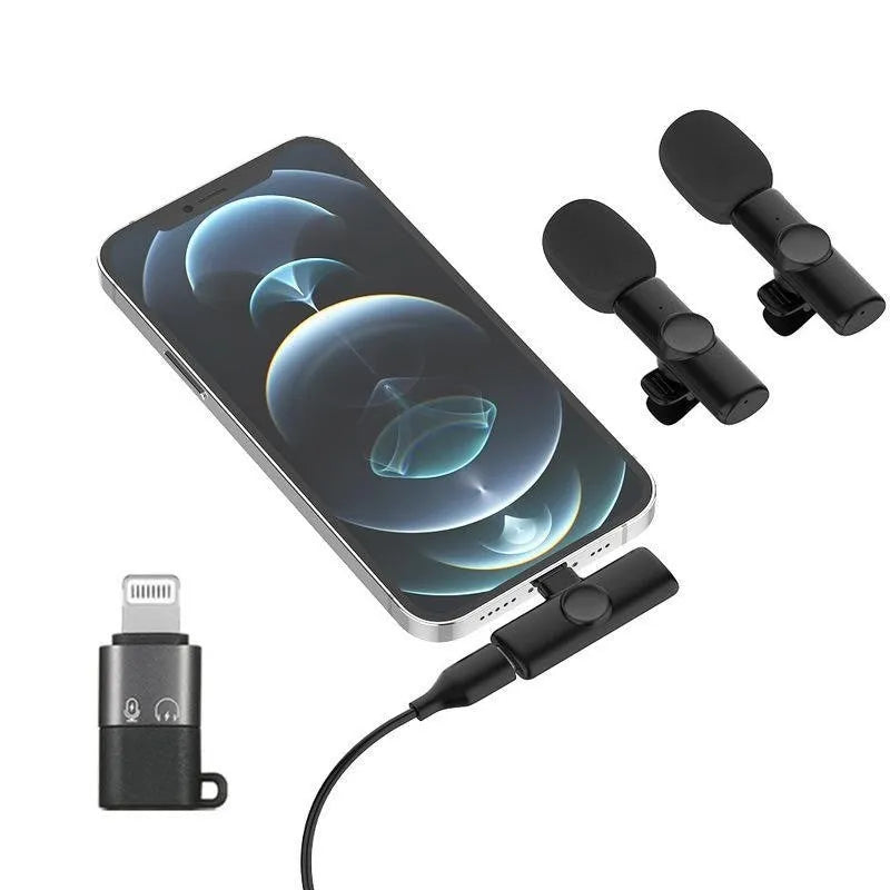 Wireless lapel microphone with clothing clip for smartphone video recording.