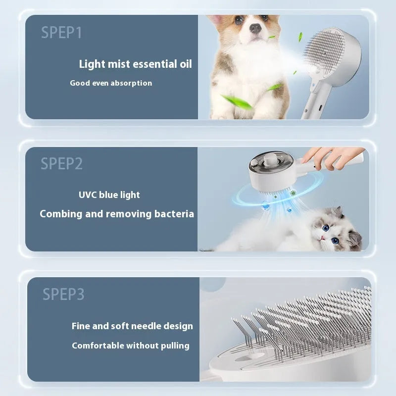 Ceramic white pet grooming brush with UVC blue light on, fine needles, and a mist spray nozzle.