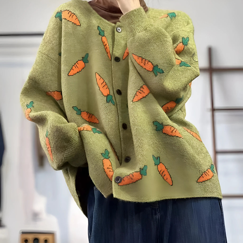 Round neck loose cardigan sweater with artistic Mori printing colour contrast in viscose fabric