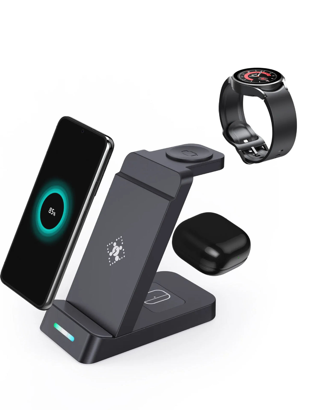 Black and white 65W three-in-one wireless charging station for phone, AirPods, and Apple Watch on a desk.