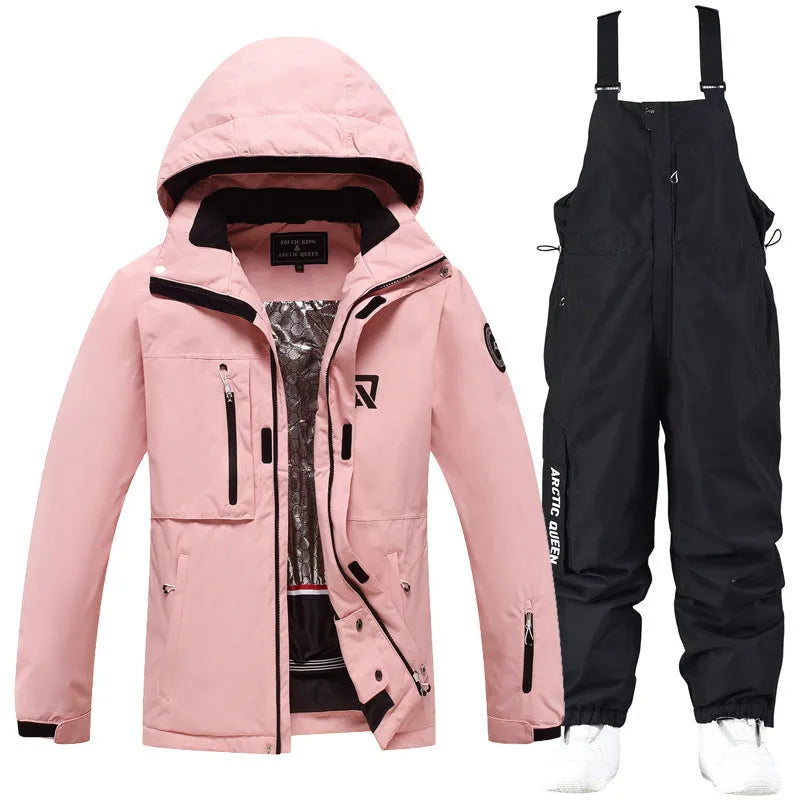 Blue and black unisex winter ski suit jacket and pants for snow sports.