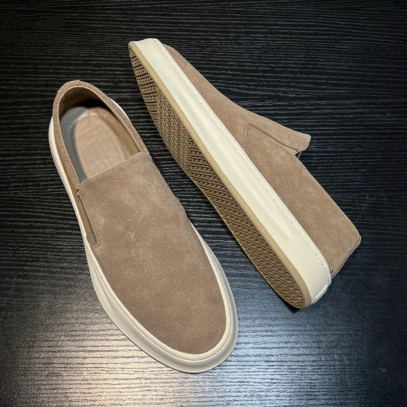Men's grey and apricot casual shoes with PU upper, round toe and mid-heel
