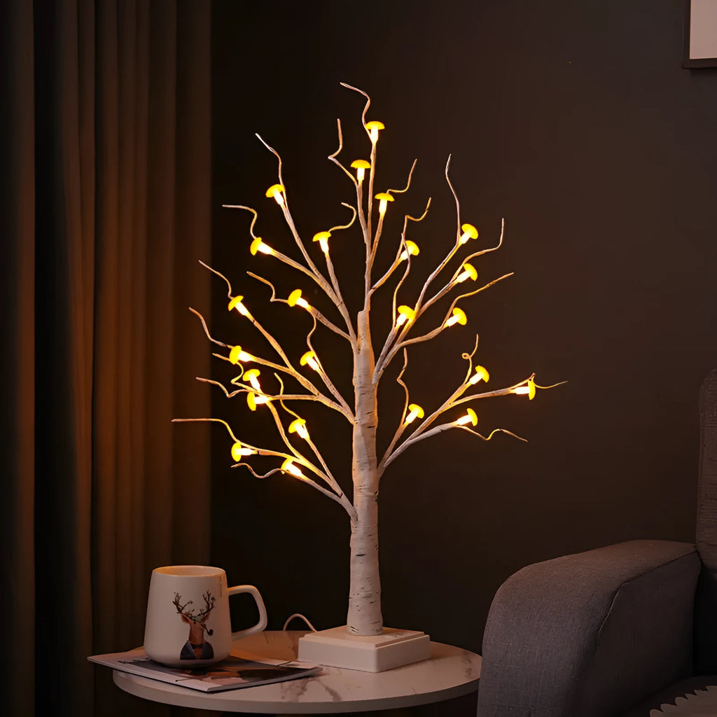60cm tall white plastic birch tree LED lamp with 24 small mushroom-shaped lights