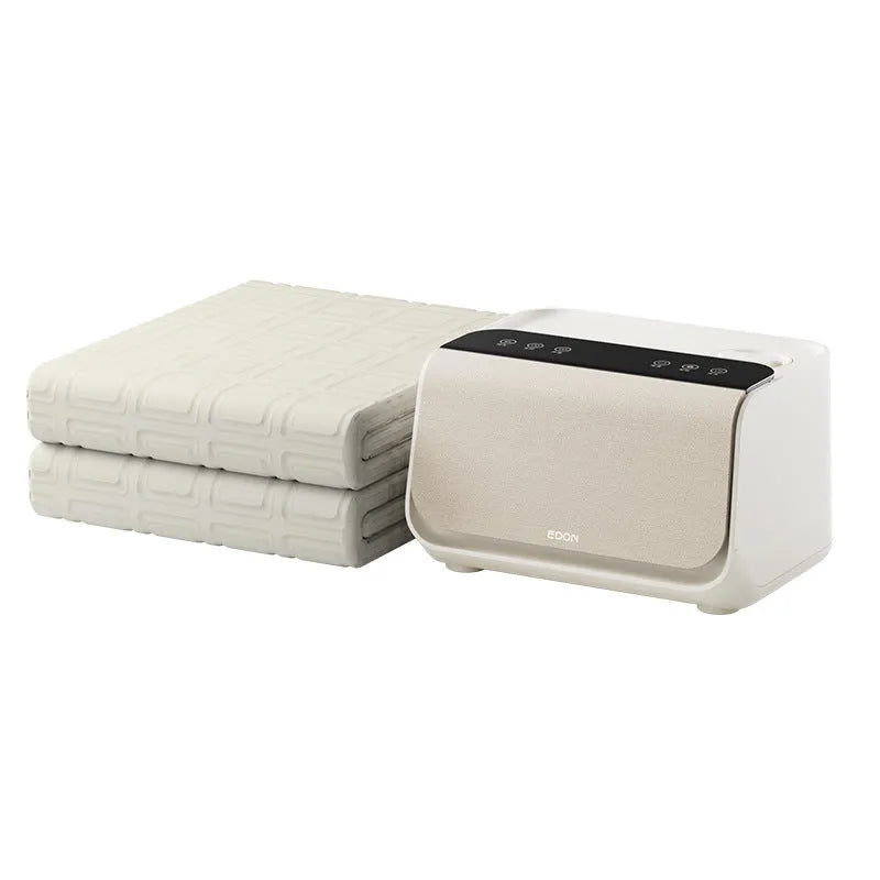 White electric underblanket with smart controller on a bed, showing 1.4x2m and 1.8x2m size options.