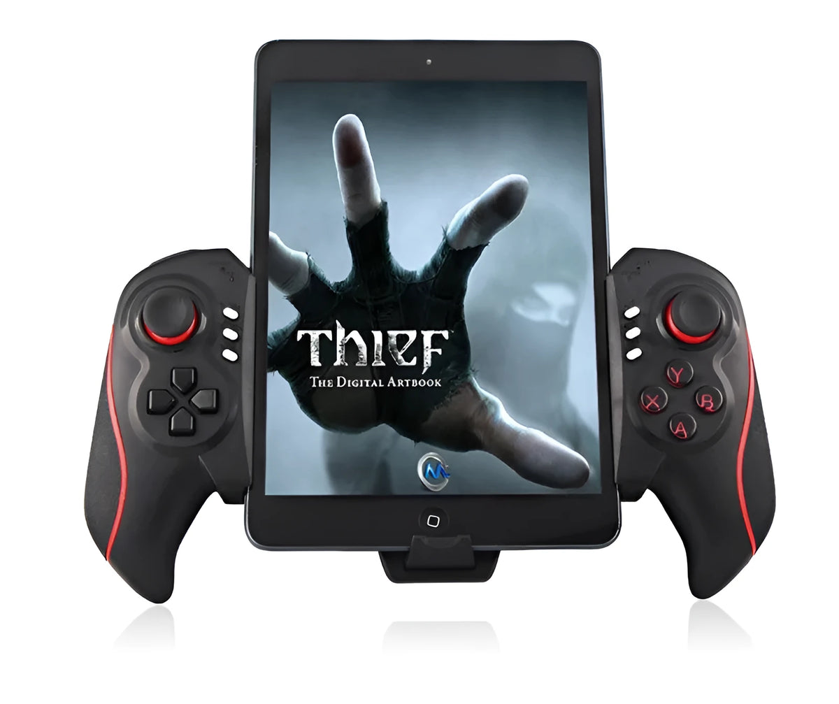 PG-9023 wireless telescopic Bluetooth gamepad controller shown extended, compatible with iPhone and Android phones.