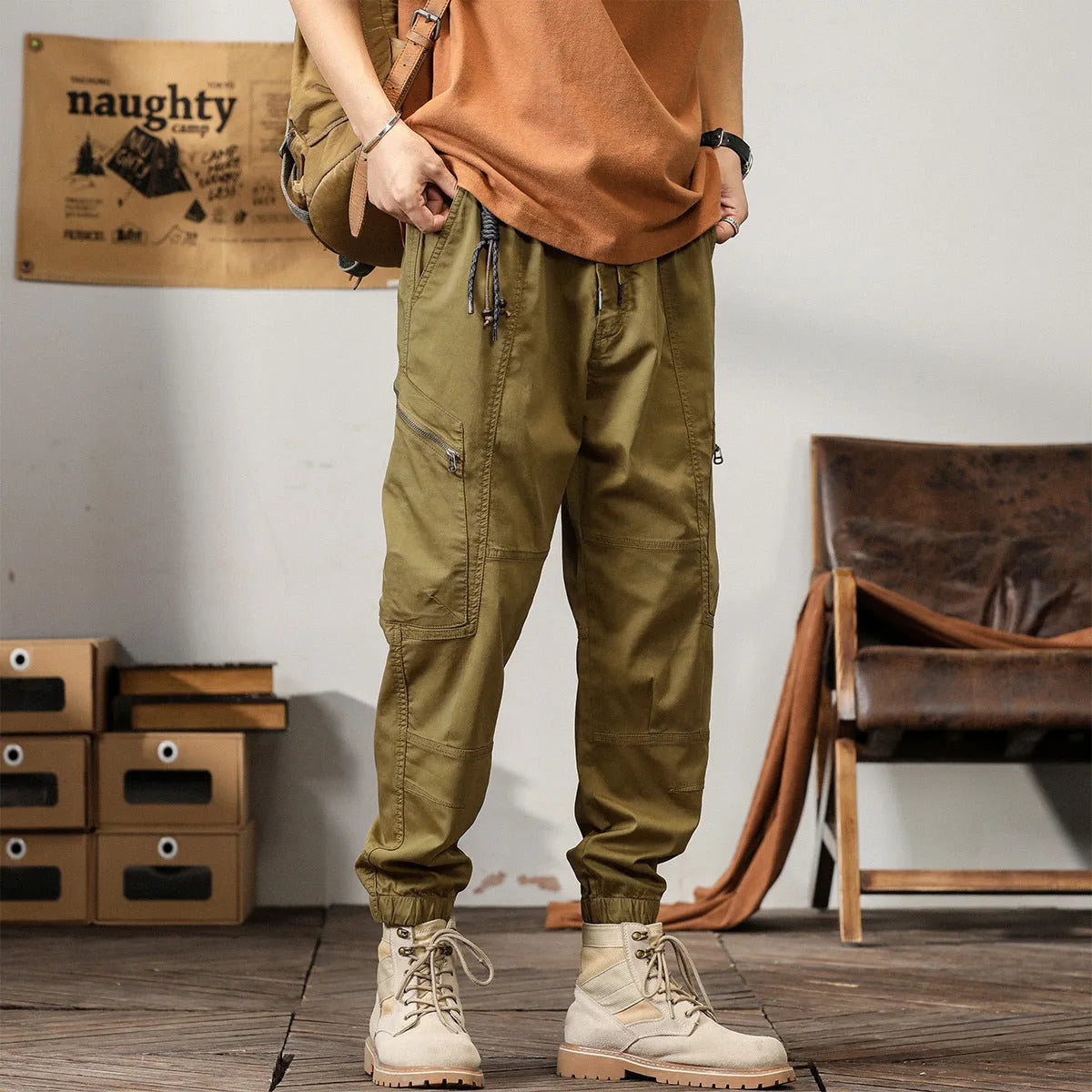 Men's cotton Korean style harem trousers with tapered legs in khaki colour
