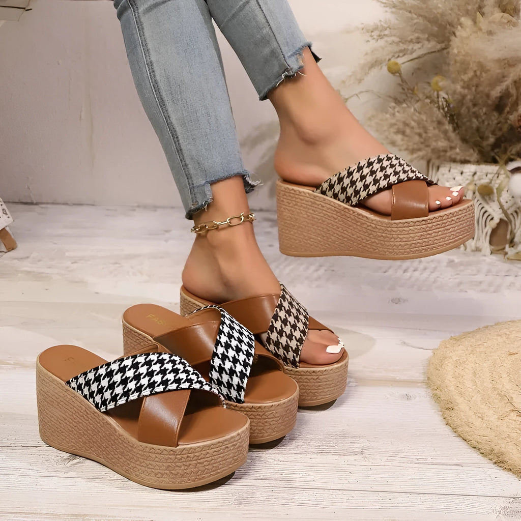 Women's cross leopard plaid wedge sandals with rubber sole in brown and black pattern options