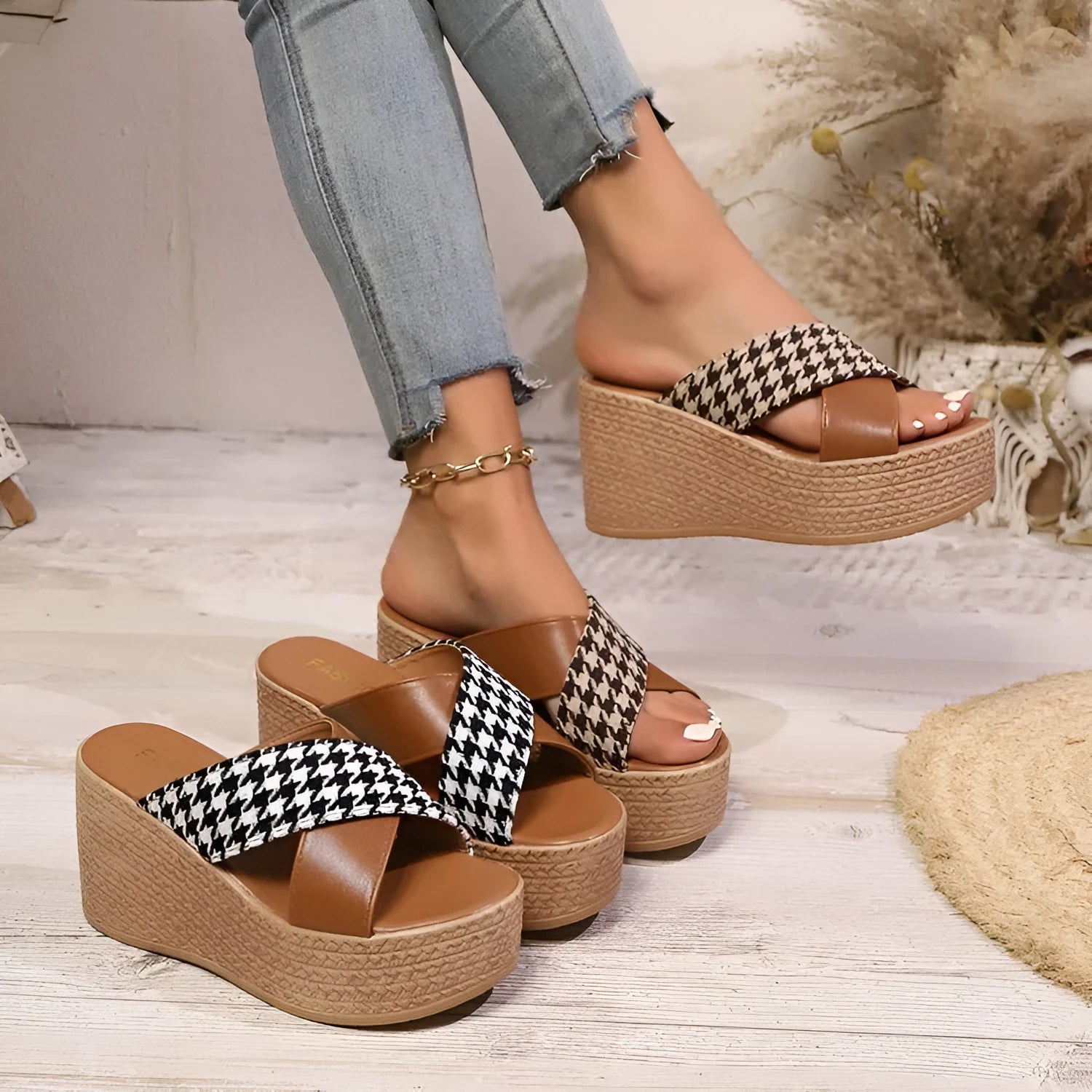 Women's cross leopard plaid wedge sandals with rubber sole in brown and black pattern options