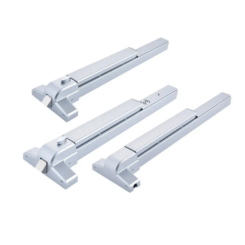 Stainless steel external push lock handle for a 65cm wide fireproof door.