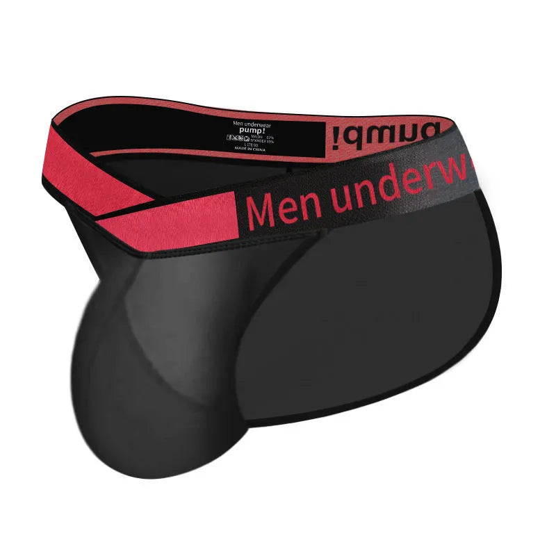 Men's transparent ice silk briefs in red, black, or white with a large V gradient front.