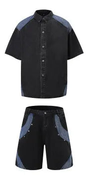 Retro washed denim short-sleeve jacket and full-length trousers suit in blue street style