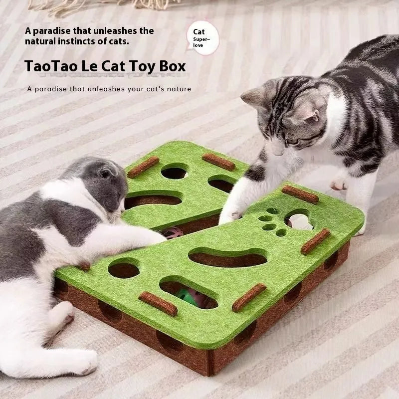 Green brown felt cat toy box with artifact hole, dimensions 30cm by 30cm.
